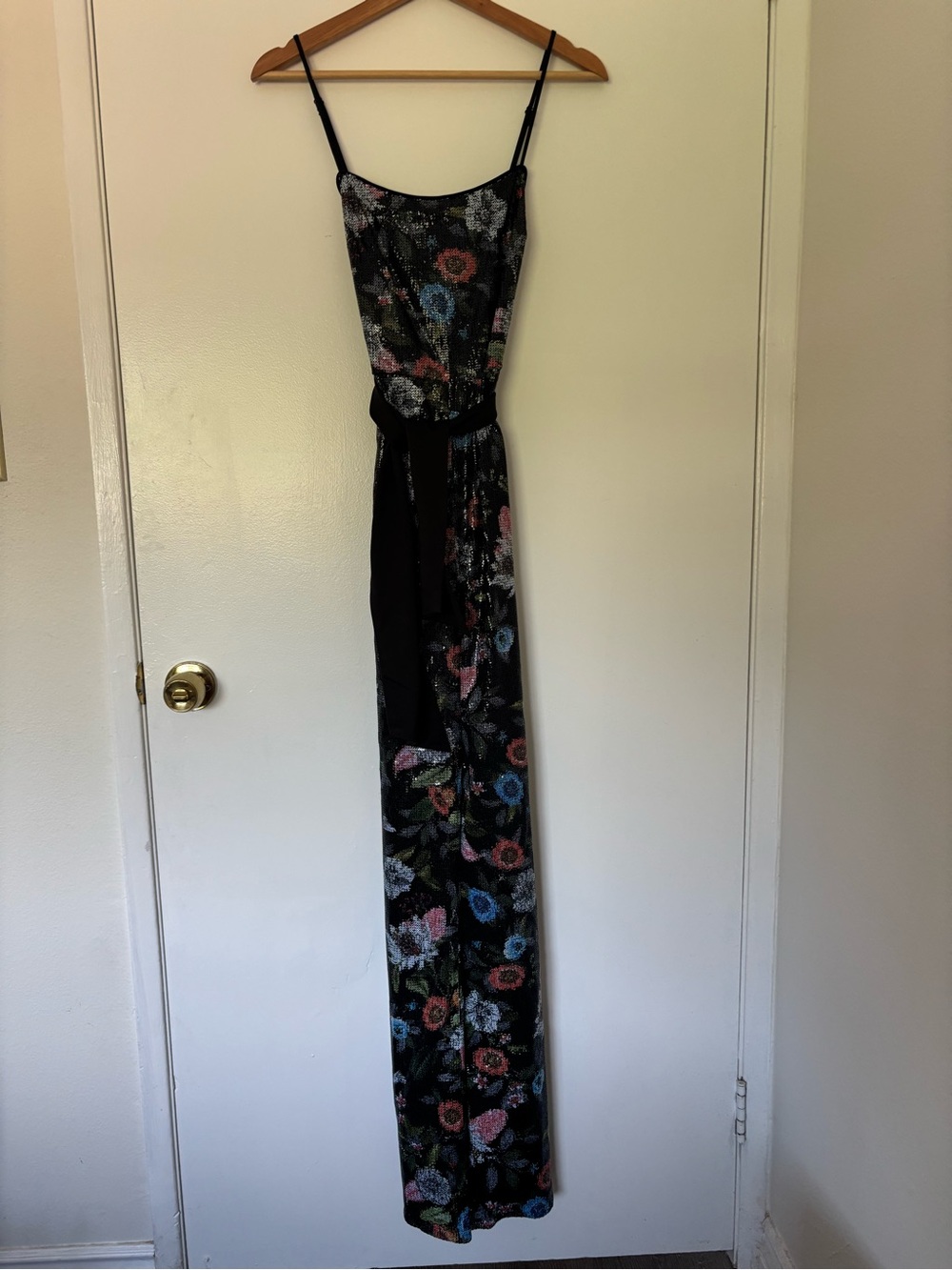 Floral Sequin Black Maxi Dress - Elegant Spaghetti Strap Romper